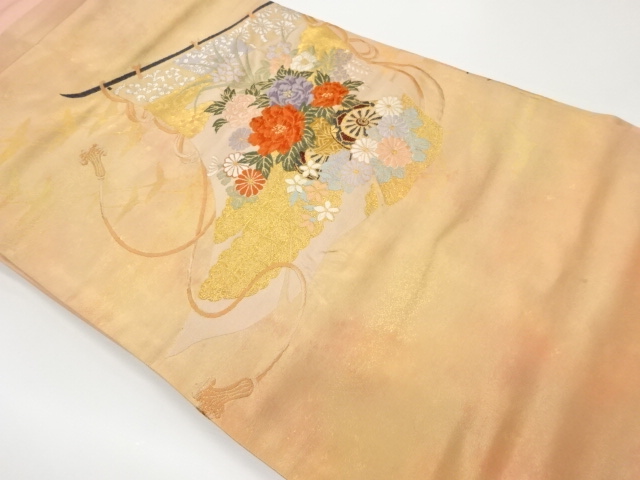 リサイクル　引箔几帳に雲取り・花束・群鶴模様織出し名古屋帯